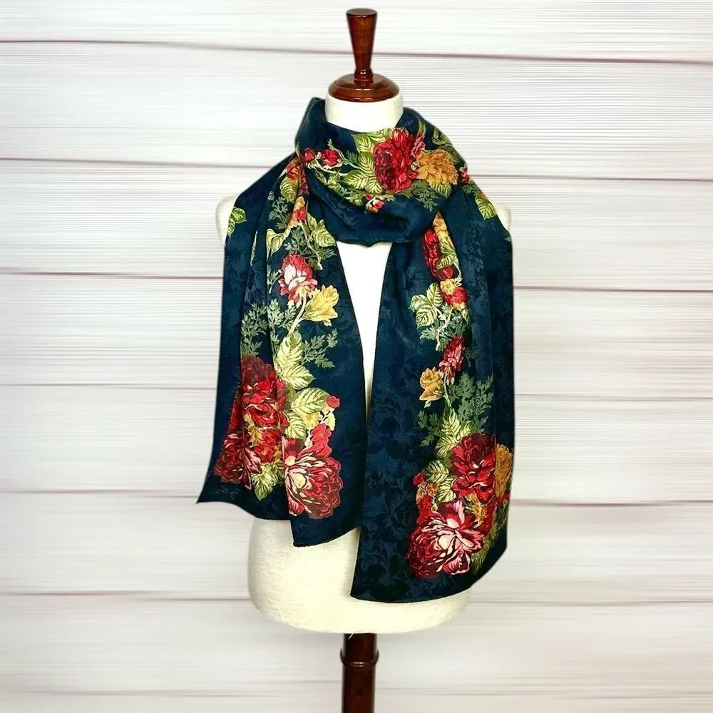 Ann Taylor Silk Oblong Scarf Large Black Jacquard Floral Print 18x70